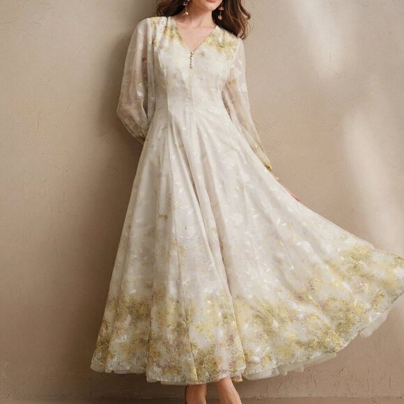 Multicolor Elegant Women's V-Neck Floral Print Sleeve Cottagecore Dress - Picture 3 of 8